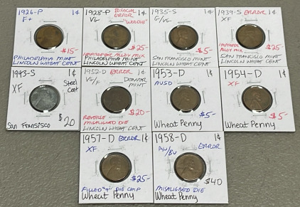 (10) Lincoln Wheat Pennies Dated 1926-1958