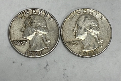 (2) 90% Silver Washington Quarters Dated 1961 And 1964