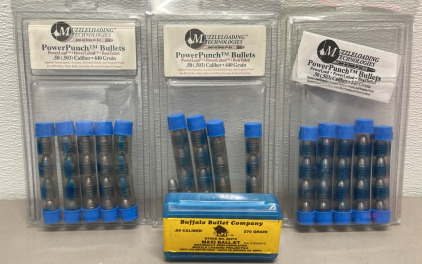 (60) .50 Caliber 440 Grain Muzzle Loading Technologies Power Punch Bullets, (50) Buffalo Bullet Company .50 Caliber 270 Grain Bullets