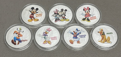 (7) Silver Plated Disney Character Rounds W/ New Zealand Elizabeth II On Back