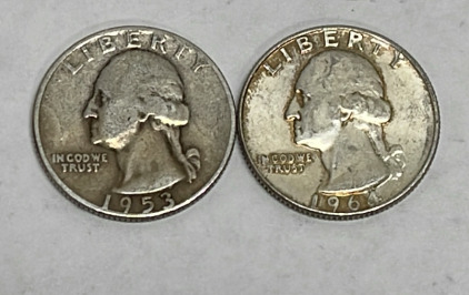 (2) 90% Silver Washington Quarters Dated 1953 And 1964