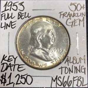 1953 MS66FBL Key Date Full Bell Line Franklin Half Dollar