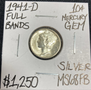 1941-D MS68FB Gem Full Bands Mercury Silver Dime