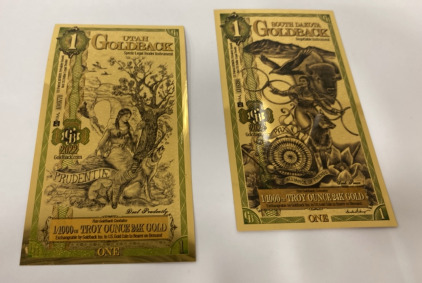 (1) $1 utah issued gold back bill 1/1000th oz of gold 2022, (1) $1 South Dakota issued gold back bill 1/1000th oz of gold 2024