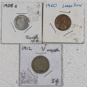 (1) 1908 Dime (1) 1960 Large Date Penny (1) 1912 Nickel