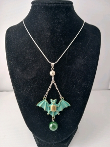 Brass/Bronze Bat W/ Green Dragon Vein Agate Ball .925 Necklace