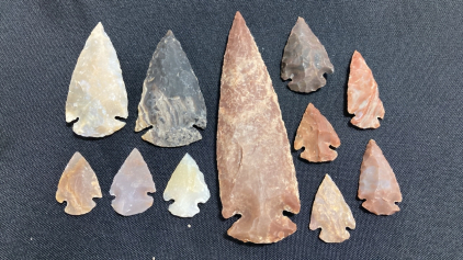 (10) Arrowheads 1.25”-2.6” Long, (1) Large Spearpoint 5” Long