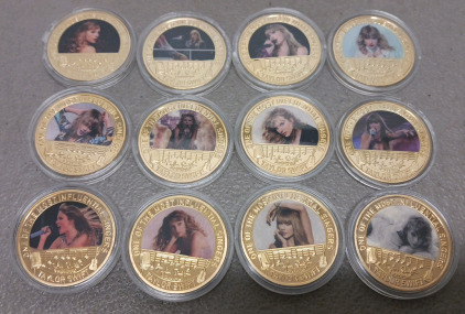 (12) Different Taylor Swift Gold Plated Collectible Coins