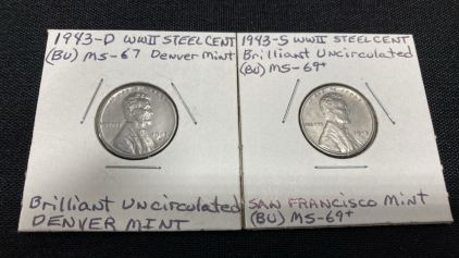 (2) 1943 WWII Steel Wheat Pennies