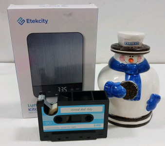 (1) Luminary 22lb Capacity Kitchen Scale (1) Oreo Cookie Jar (1) Cassette Tape Dispenser & Desk Organizer