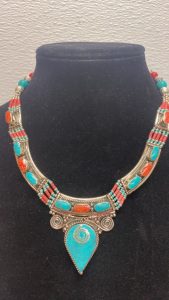 (1) Blue Turquoise + Red Coral Gemstone Necklace
