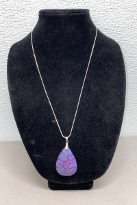 (1) 98.35 Ct. Purple Dragon Veins Agate Teardrop Gemstone .925 Necklace