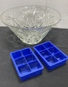 Large Glass Punch Bowl with Two Ice Cube Trays.