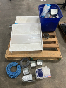 (2) LED Ceiling Lights and Tote of Assorted Elcetrical supplies