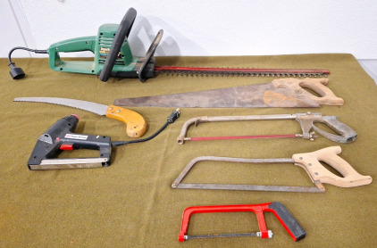 (1) Electric Hedge Trimmer, (1) Electric Staple Gun & (5) Assorted Hand Saws