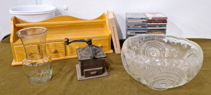 (1) Large Cut Glass Punchbowl, (1) Vintage Coffee Grinder & More