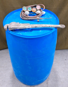 (1) 50 Gallon Blue Barrel, (1) 24" Pipe Wrench & (1) Oxygen/Actylene Torch Kit
