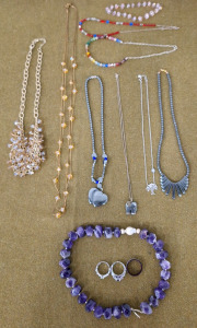 (1) 19" Amythyst & Sterling Silver Necklace, Pearl Is Glass, (3) Ring Purple Themed Wedding Ring Set & More