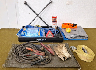 (1) Pair Jumper Cables, (1) Tow Strap, (1) Star Lug Nut Wrench, (1) Instacrate Folding Crate & More