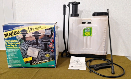 (1) One Stop Gardens 4-Gallon Backpack Sprayer & (1) Malibu Outdoor 14-Light Set.