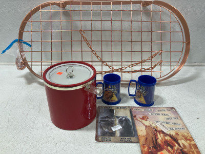 Copper Colored Kitchen Rack, (2) Vintage Camel Mugs, Ice Cooler, (2) Tin Signs