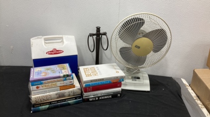 Electric Fan Working, Various Books, Igloo Cooler and Hand Towel Holder.