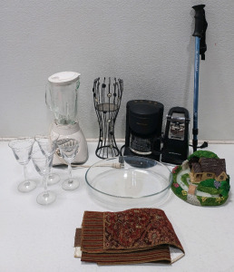 (4) Crystal Mikasa Stemware Glasses (1) Oster Blender (1) Small Coffee Maker (1) Battery Fountian & More