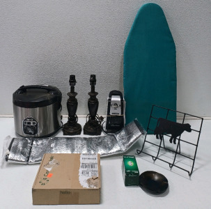 (1) Rice Cooker Powers On (2) 13.5" Table Lamps (1) Baby Irioning Board (1) Hamilton Beach Can Opener & More