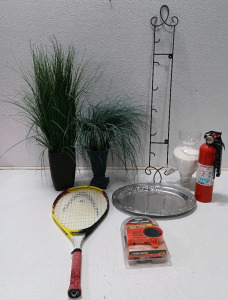 (1) Vintage Grape Vine Platter (1) Black & Decker Door Lock Installation Kit (1) Tennis Racket (2) Fake Plants & More