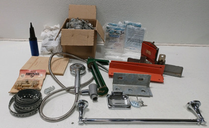 (1) Box Of Assorted Tension Bands (6) Multipurpose Acrylic Sign Holders (1) Self Aligning Metal Soap Dish & More