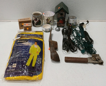 (1) Decorative Bird House (2) Kwikset Door Knobs (2) PVC Rainsuit (1) Vintage Party Stoneware & More