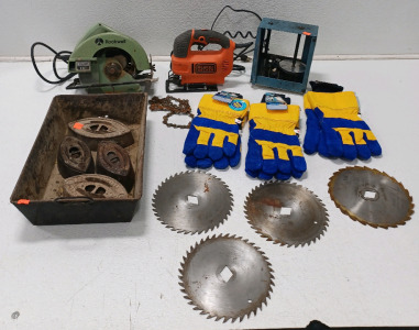 (1) Rockwell Circular Saw Powers On (1) Black & Decker Jigsaw Powers On (3) Sets Of Water Proof Gloves & More