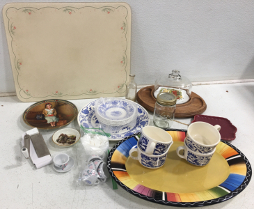 Glass Cutting Board, Norman Rockwell Plate, and Various Dinnerware