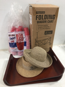 2) Lap trays, 2) Sun hats size L 1) Bag Of Red Plastic cups 1) hikenture Folding Wagon Cart 36x21x24