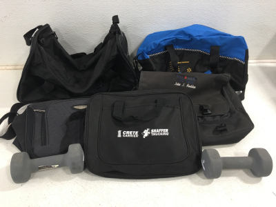 Duffle bags (4), Messenger Bag, Dumbbells (2)