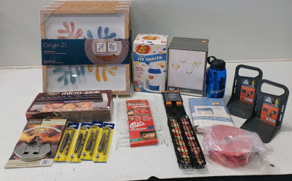 (4) 2-pc Wall Art Set (4) Goblets (1) Micro-Seal (4) Spiral Screw Extractor & Drill Set (2) Kabob Baskets & More