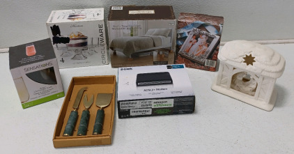 (1) 4pc Footed Mini Trifle Bowl (1) Silver Plated Mini Photo Album (1) Cheese Knife Set & More