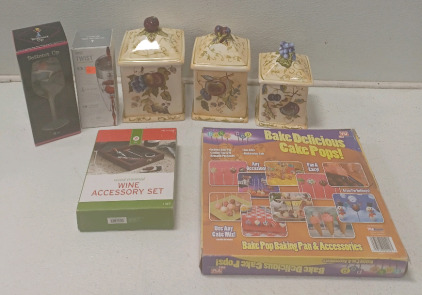 (3) Hand Painted Capri ware Ceramic Canisters (1) Wine Accessory Set & More