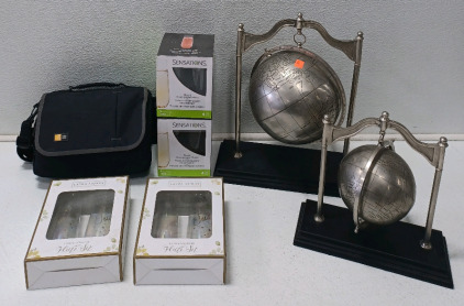 (1) Sony Portable DVD Player (2) Silver Hanging World Globes (4) Champagne Flute Sets