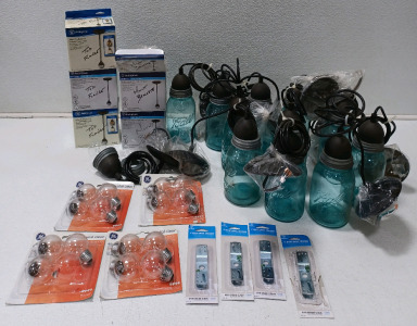 (11) Mason Jar Pendant Lights (16) Decorative G16 1/2 Bulbs (2) Boxes Of Mount Brackets & More
