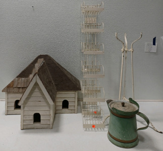(1) Birdhouse (1) Plant Stand (1) Vintage Coffee Pot (2) Wall Racks