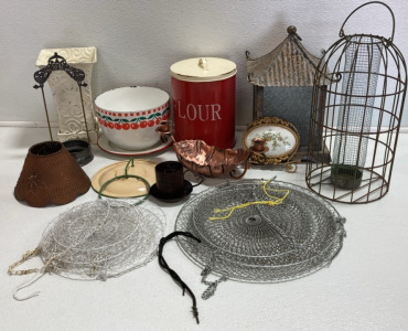 Assorted Metal Decor: Lantern, Birdfeeder, Flour Tin, Hanging Baskets and more