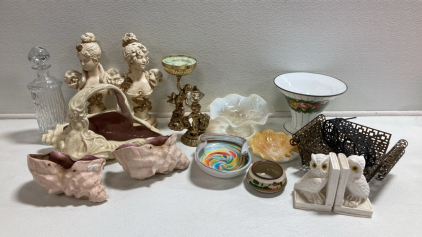 Assorted Home Decor: Ceramic Seashell Planters, Owl Bookends, Glass Dishes and more