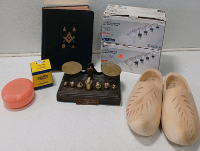(1) GMC Chevrolet Dealer Award Desk Scale (2) LED Color Changing Recessed Trim (1) Hand Made Wioden Clogs & More