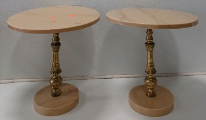 (2) 17.5" Brass & Marble Side Tables