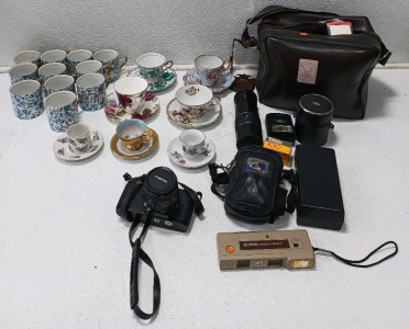 (11) Royal Crown Chintz Cups (7) Sets Of Assorted Tea Cups W/Plates (1) Chinon Film Camera & More