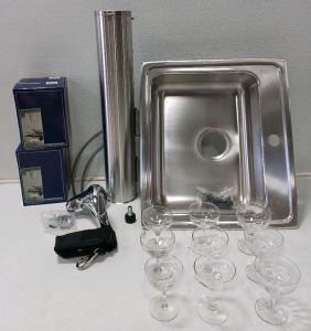 (8) Monceaux Cristal Flutes (1) Faucet w/Supply Hoses (9) Martini Stemware & More