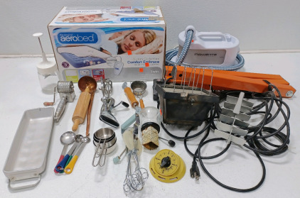 (1) Twin Size Aerobed Air Mattress (1) Rowenta Steamer (1) Halogen Work Light (Powers On) & More