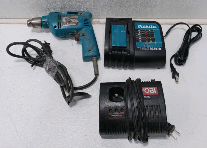 (1) Makita Electric Drill W/Battery Charger Powers On (1) Ryobi ChargePlus Fast Charger