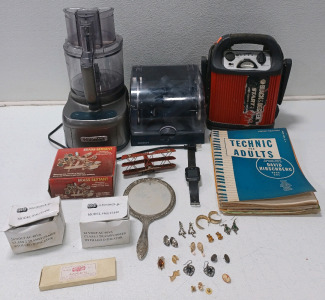 (1) Cuisinart Food Processor Powers On (1) Brass Sextant (1) Black & Decker Jump Starter Costume Jewelry & More